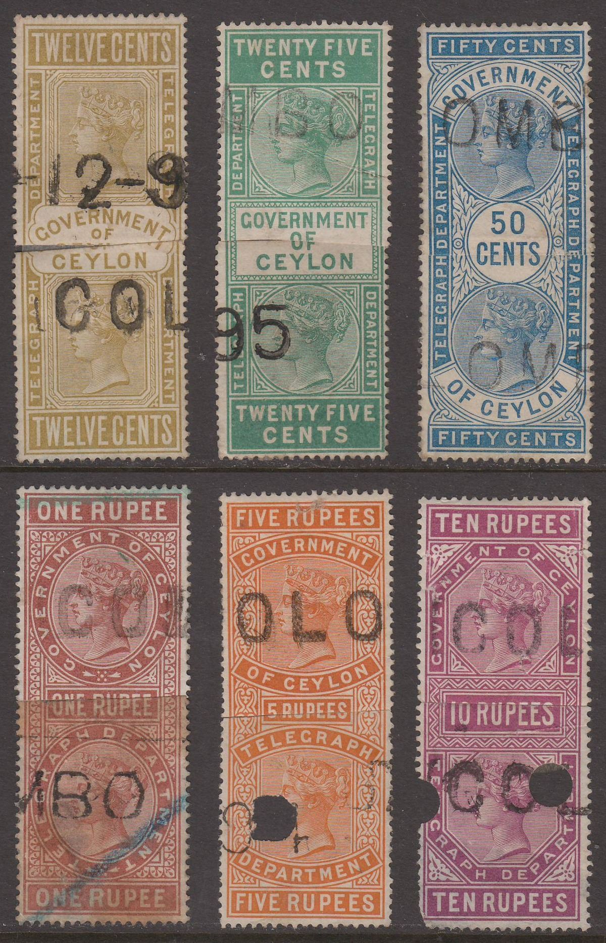Ceylon 1881-94 QV Telegraph Selection to 10r Used joined halves not orig complet
