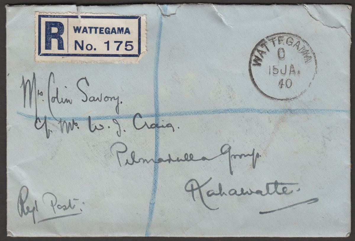 Ceylon 1940 KGVI 10c, 3c x2, KGV 5c Used on Registered Cover WATTEGAMA Postmark