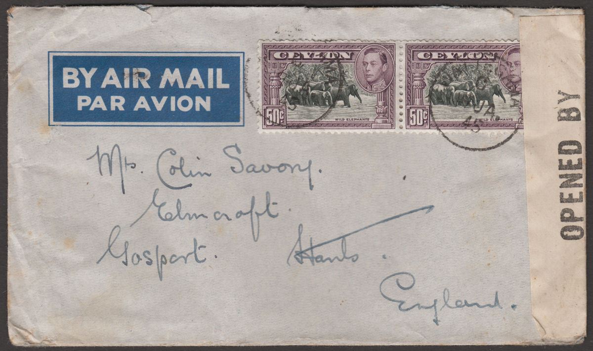 Ceylon 1945 KGVI 50c x2 Used on Airmail Cover with WATTEGAMA Postmarks + Censor