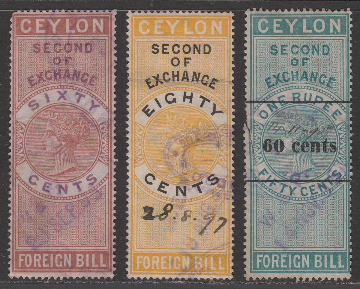 Ceylon 1874-90 QV Revenue Foreign Bill Selection to 80c Used