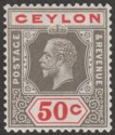 Click for more photos and details Ceylon 1932 KGV 50c Black and Scarlet Die I Mint SG353b
