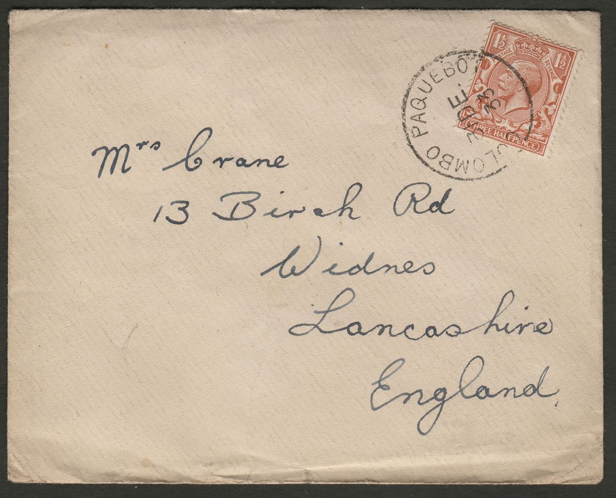 Ceylon 1933 GB 1½d Used on Cover to UK with COLOMBO PAQUEBOT Postmark