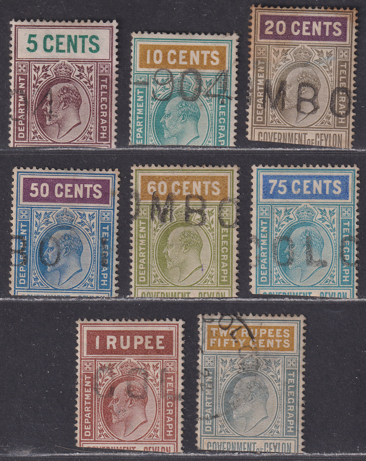 Ceylon 1903-04 KEVII Telegraph Selection to 2r.50c Used halves