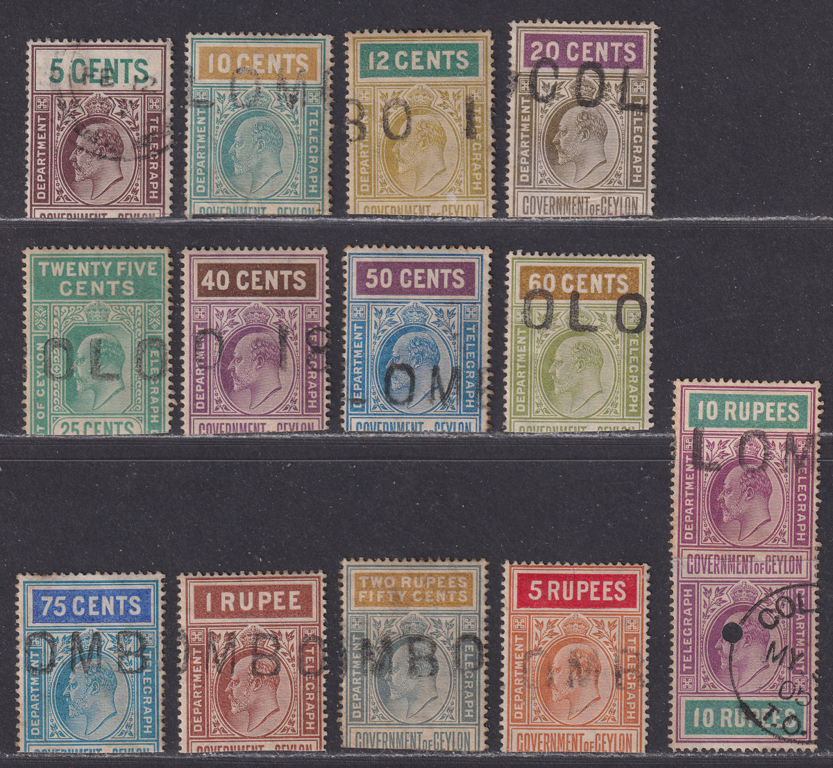 Ceylon 1905 KEVII Telegraph Selection to 10r Used halves