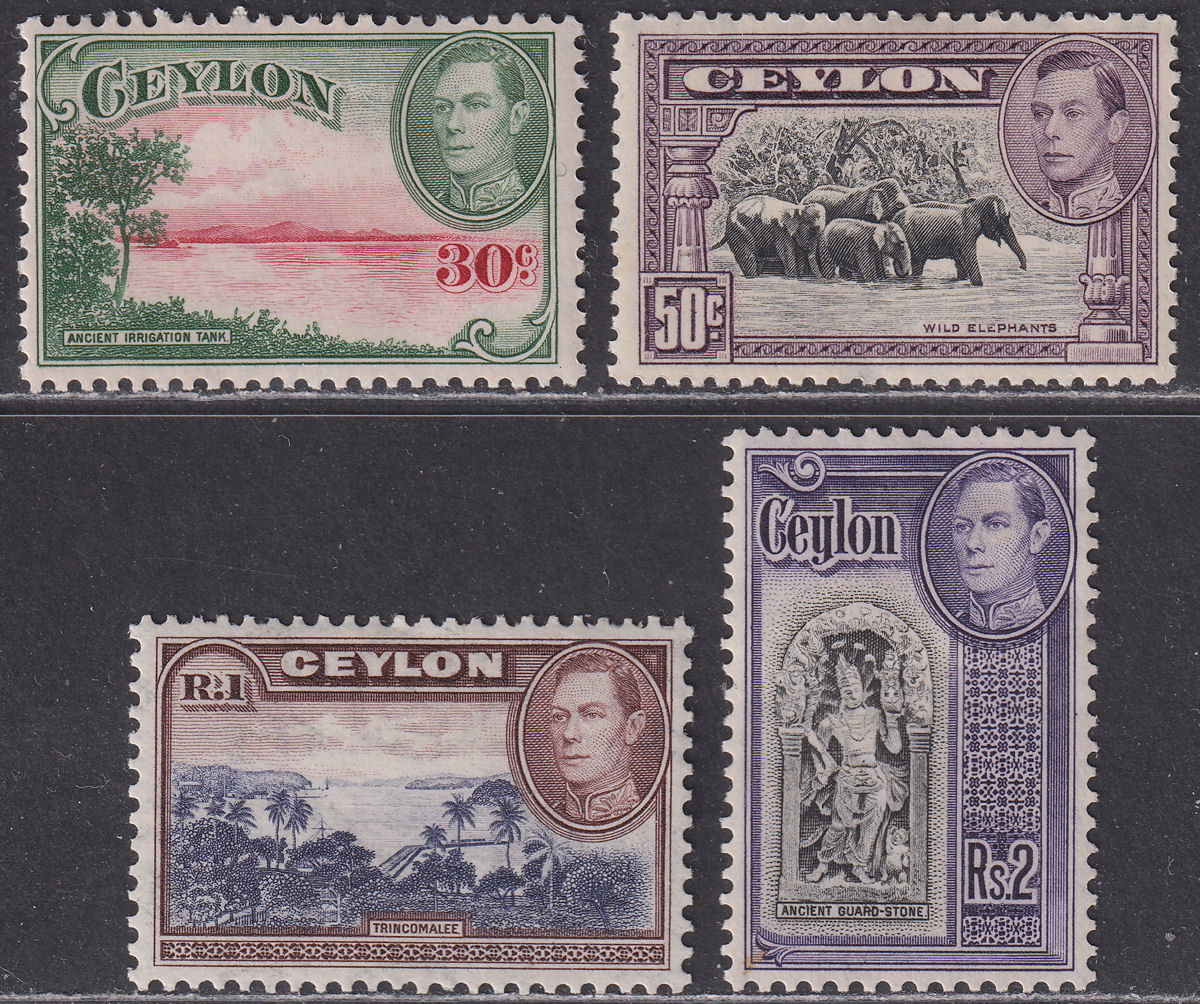 Ceylon 1944-47 King George VI 30c, 50c, 1r, 2r Mint cat £50 - faults