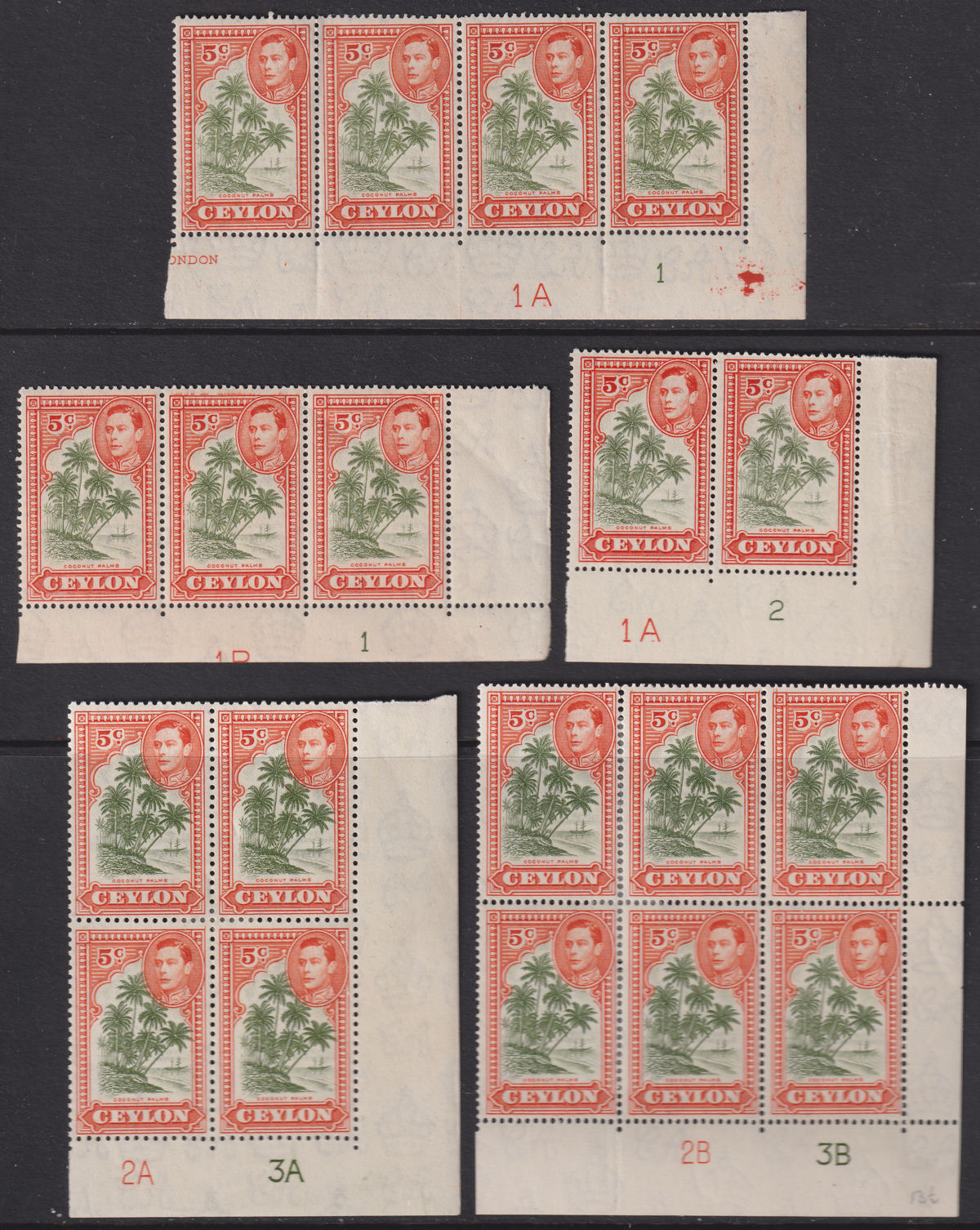 Ceylon 1943-47 KGVI 5c Sage-Green and Orange Plate No Blocks Mint SG387f-387g