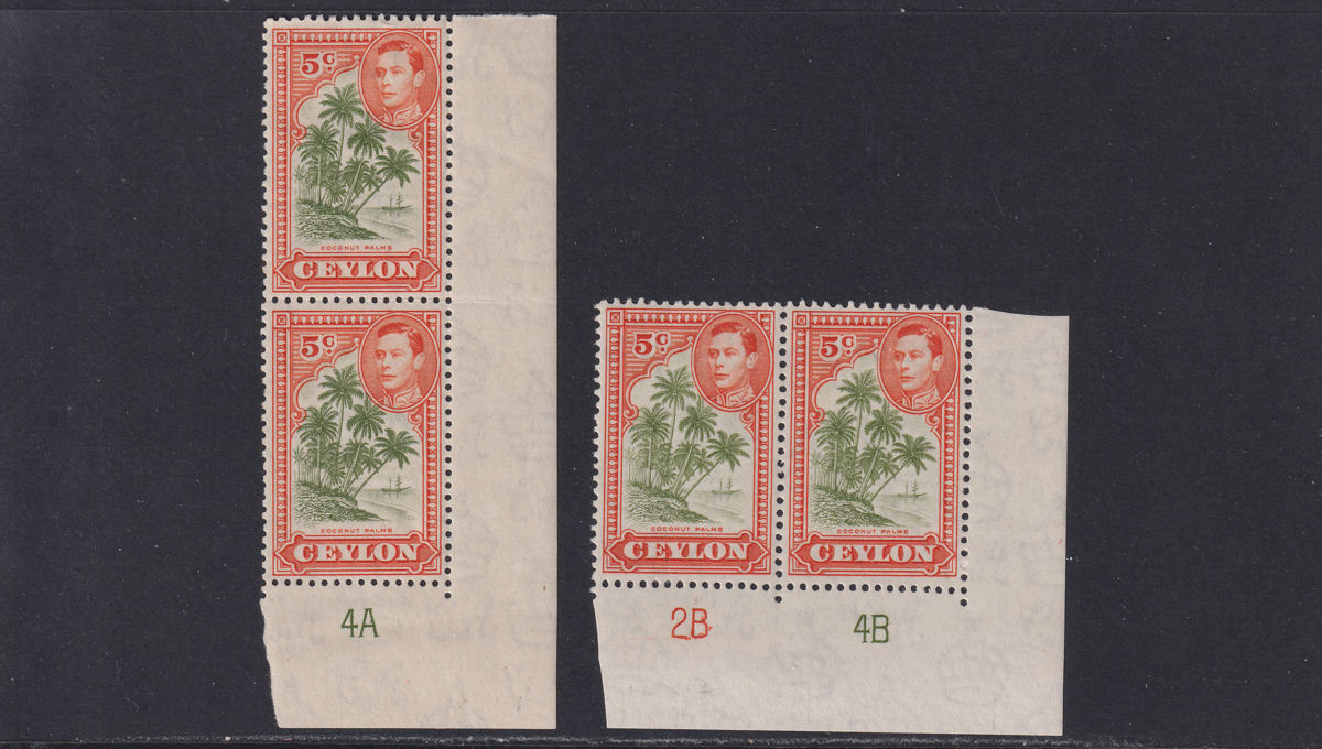 Ceylon 1943-47 KGVI 5c Sage-Green and Orange Plate No Blocks Mint SG387f-387g