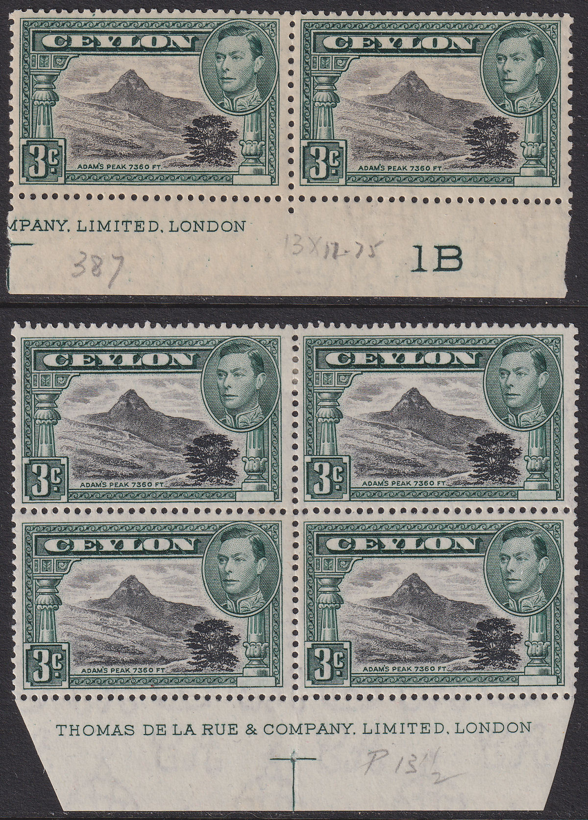 Ceylon 1938 KGVI 3c Black & Deep Blue-Green Pair / Block Mint/Unused SG387-387b