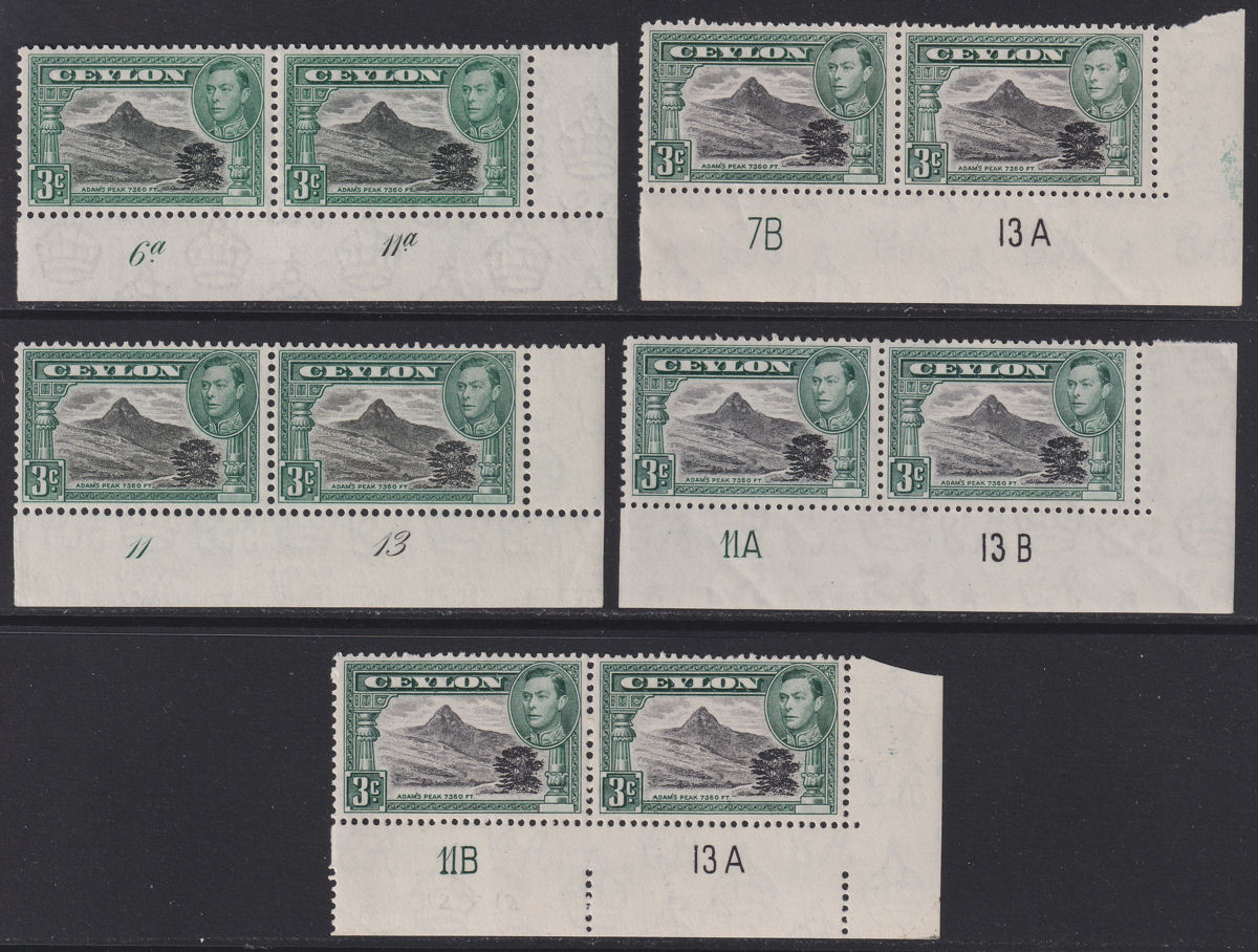Ceylon 1942-46 KGVI 3c Black & Deep Blue-Green Plate No Pairs Mint SG387d-387e