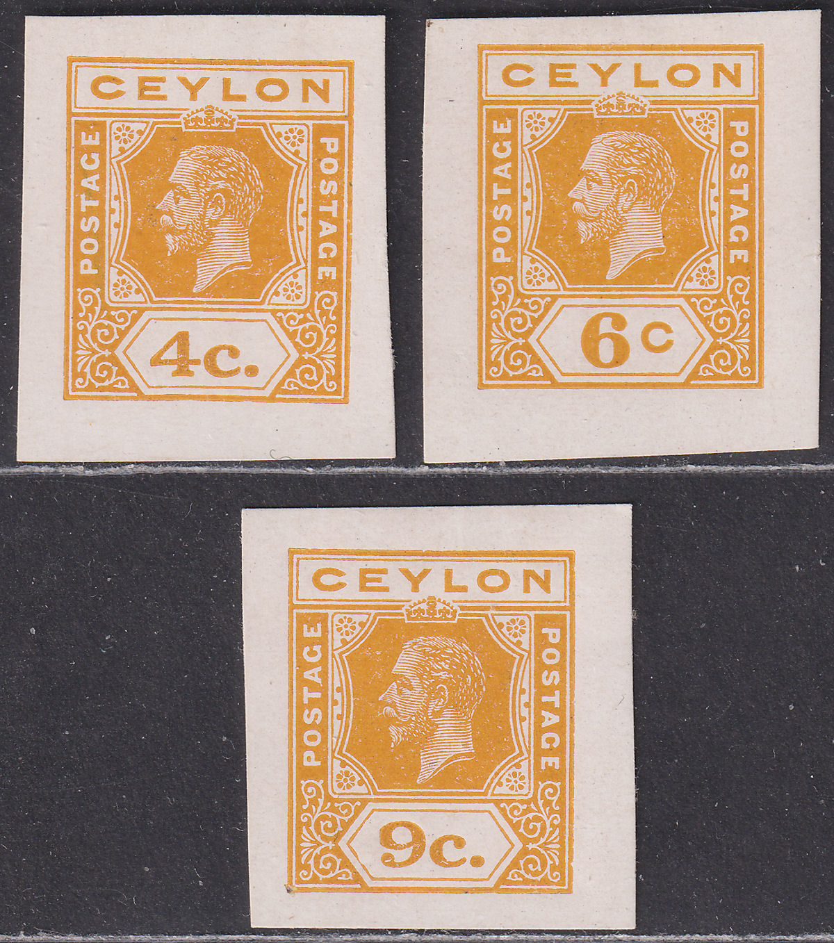 Ceylon c1912 KGV 4c 6c 9c Yellow Postal Stationery Imperf Colour Trials / Proofs