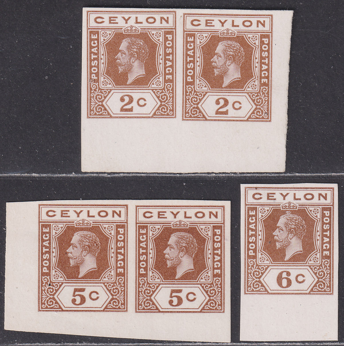 Ceylon c1912 KGV 2c 5c 6c Brown Postal Stationery Imperf Colour Trial / Proofs