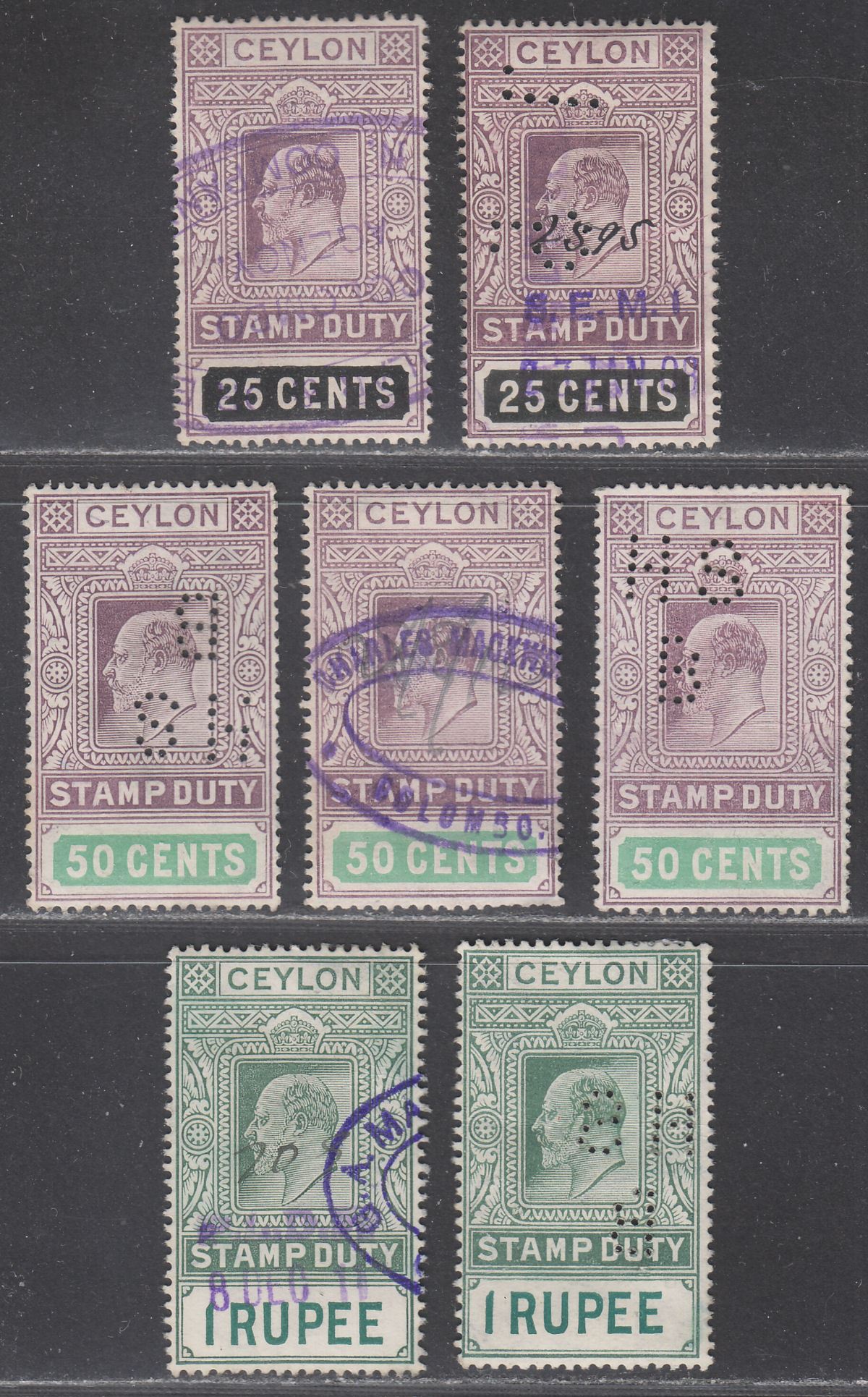 Ceylon 1905 KEVII Revenue Stamp Duty 25c, 50c, 1r Selection Used