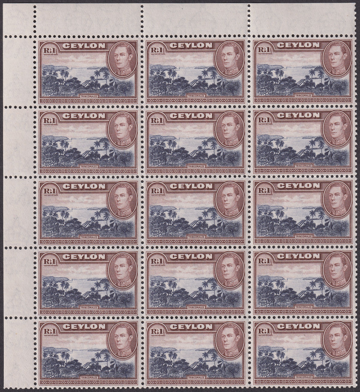 Ceylon 1944 KGVI Trincomalee 1r Blue-Violet + Chocolate Block Mint SG395a c £300