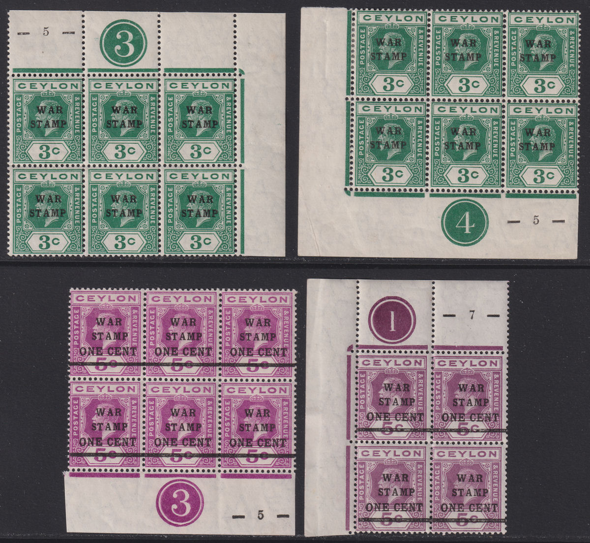 Ceylon 1918-19 KGV War Stamp Overprint /Surcharge Blocks w Plate Numbers Mint