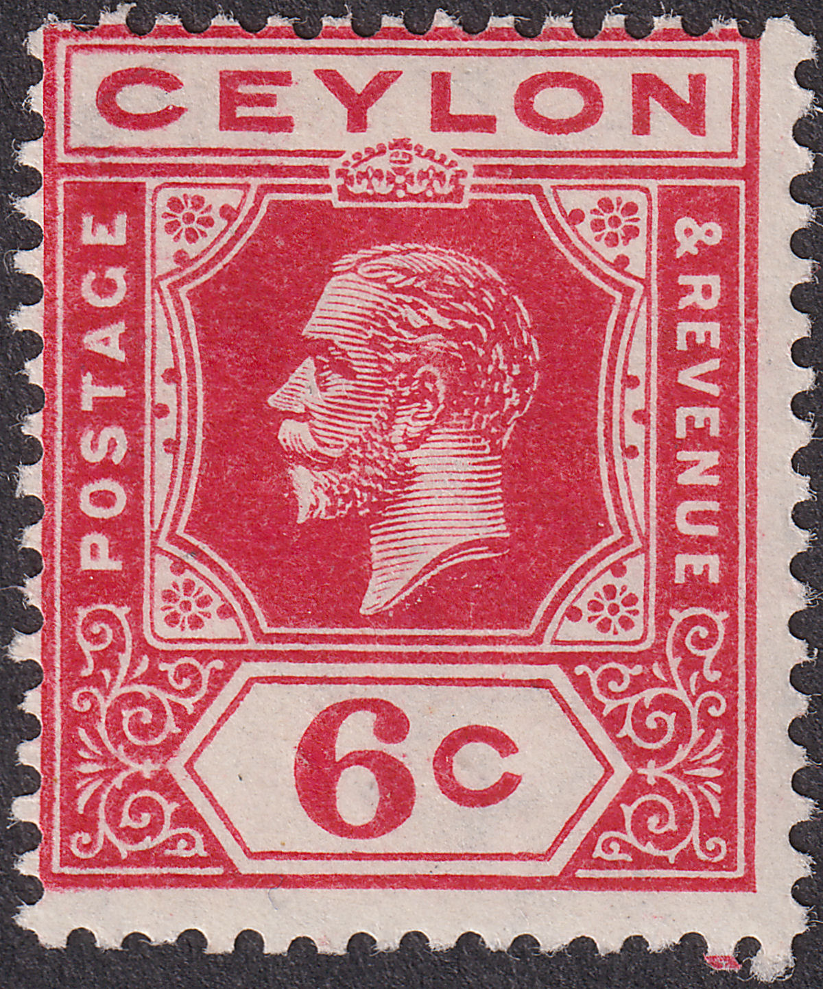 Ceylon 1912 KGV 6c Carmine wmk Sideways Crown to Right Mint SG306a cat £55