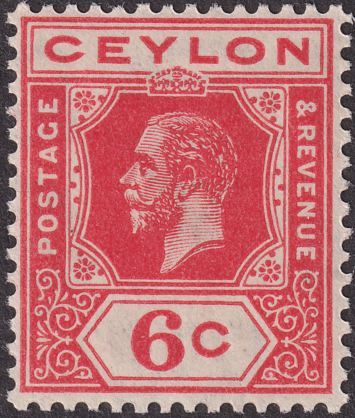 Ceylon 1921 KGV 6c Carmine-Red watermark Inverted Mint SG342w cat £22