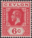 Ceylon 1921 KGV 6c Carmine-Red watermark Inverted Mint SG342w cat £22