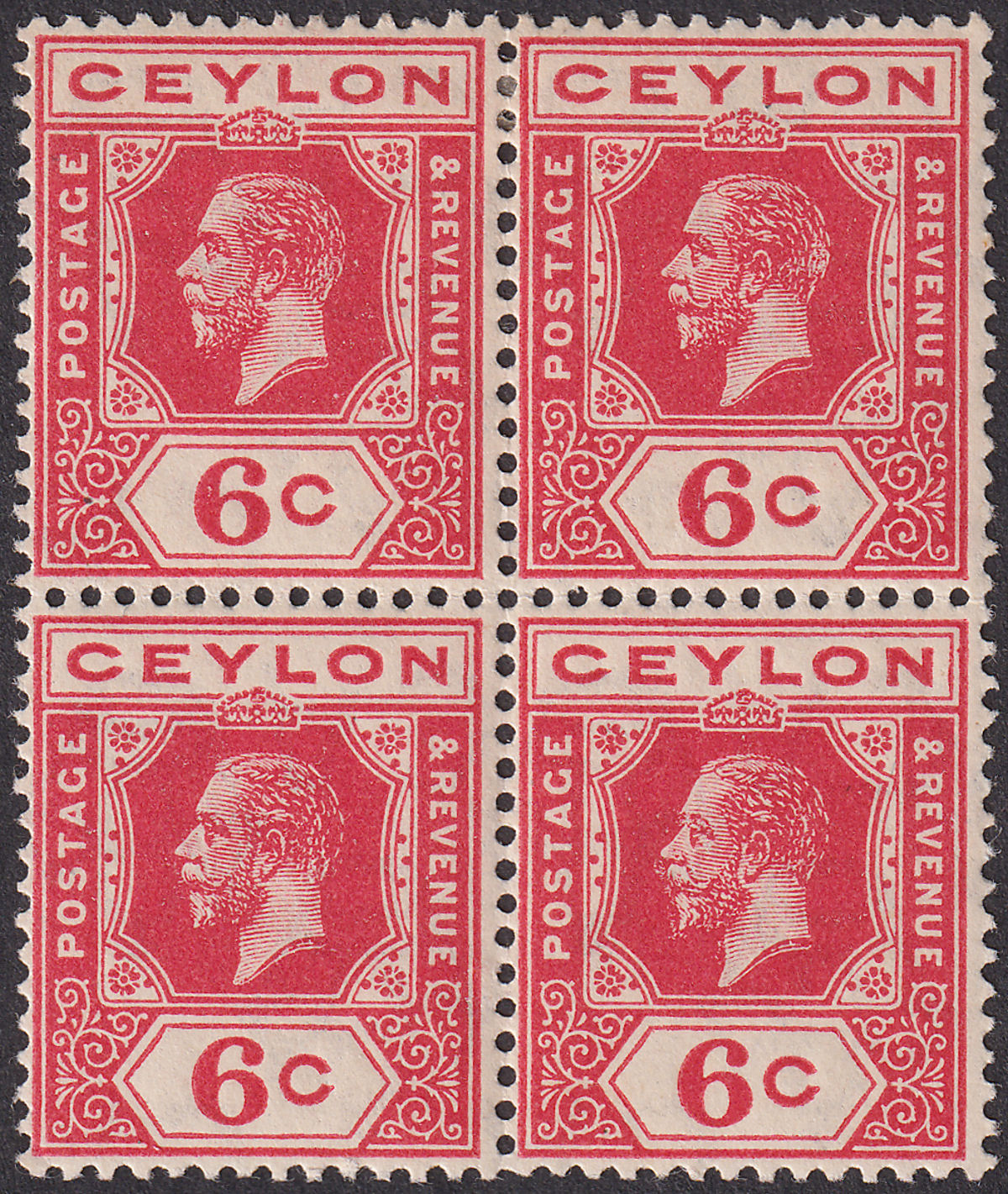 Ceylon 1912 KGV 6c Carmine wmk Inverted Block of 4 Mint SG306w cat £300