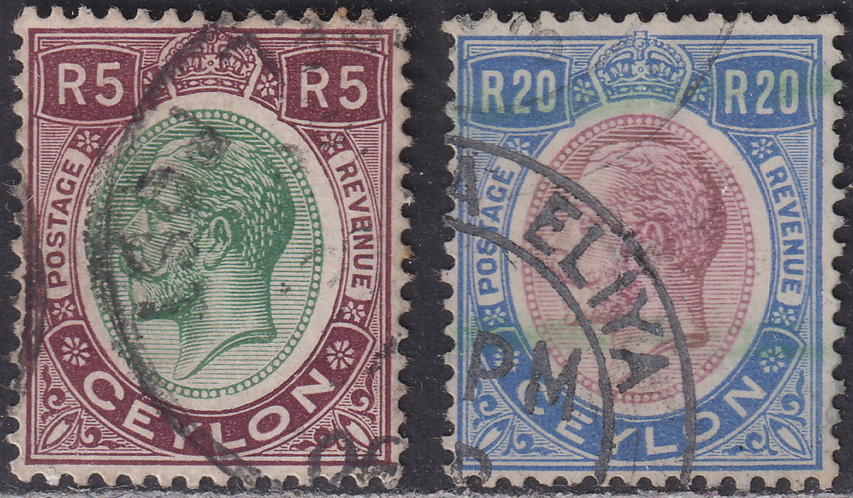 Ceylon 1927-28 King George V 5r Postally Used + 20r Fiscal Used SG365 SG367