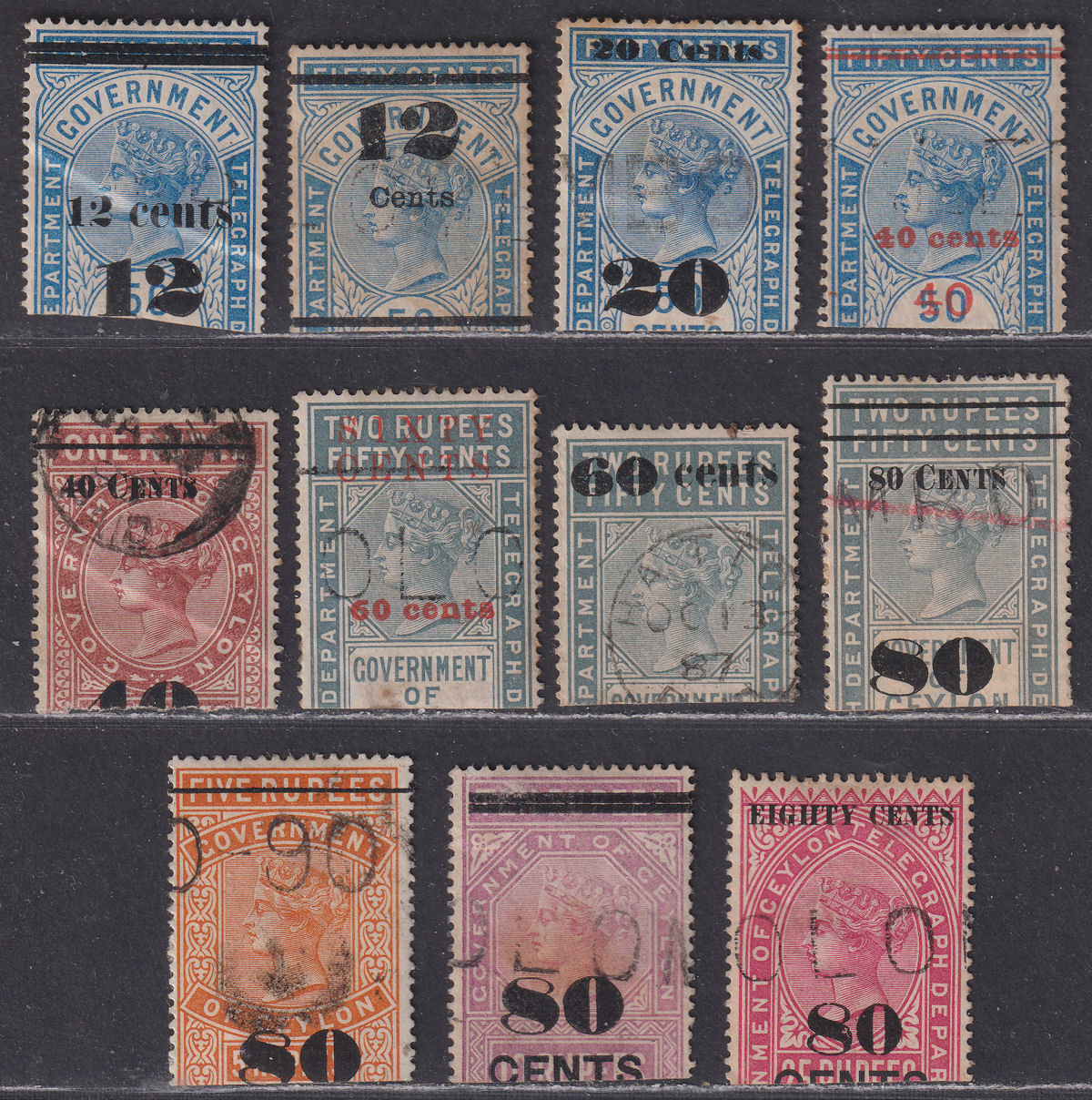 Ceylon 1882-94 QV Telegraph Surcharge Selection to 80c Used halves
