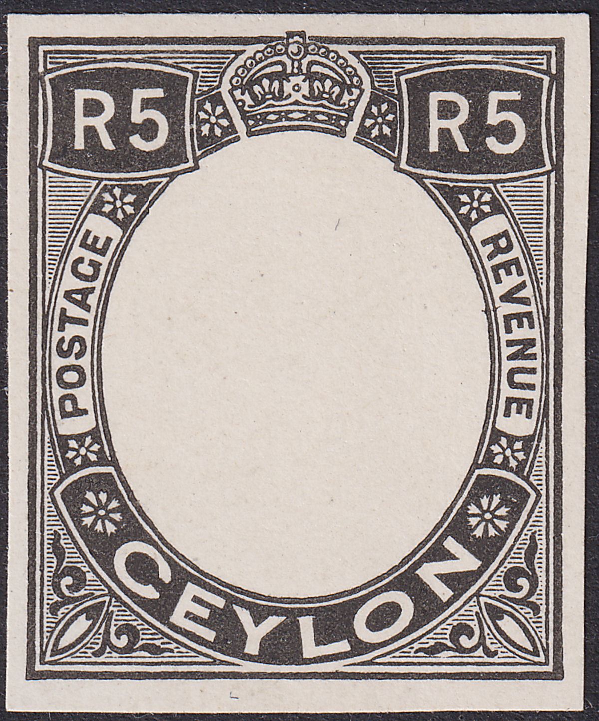 Ceylon 1928 KGV 5r Imperforate Frame Proof in Black Mint SG365P