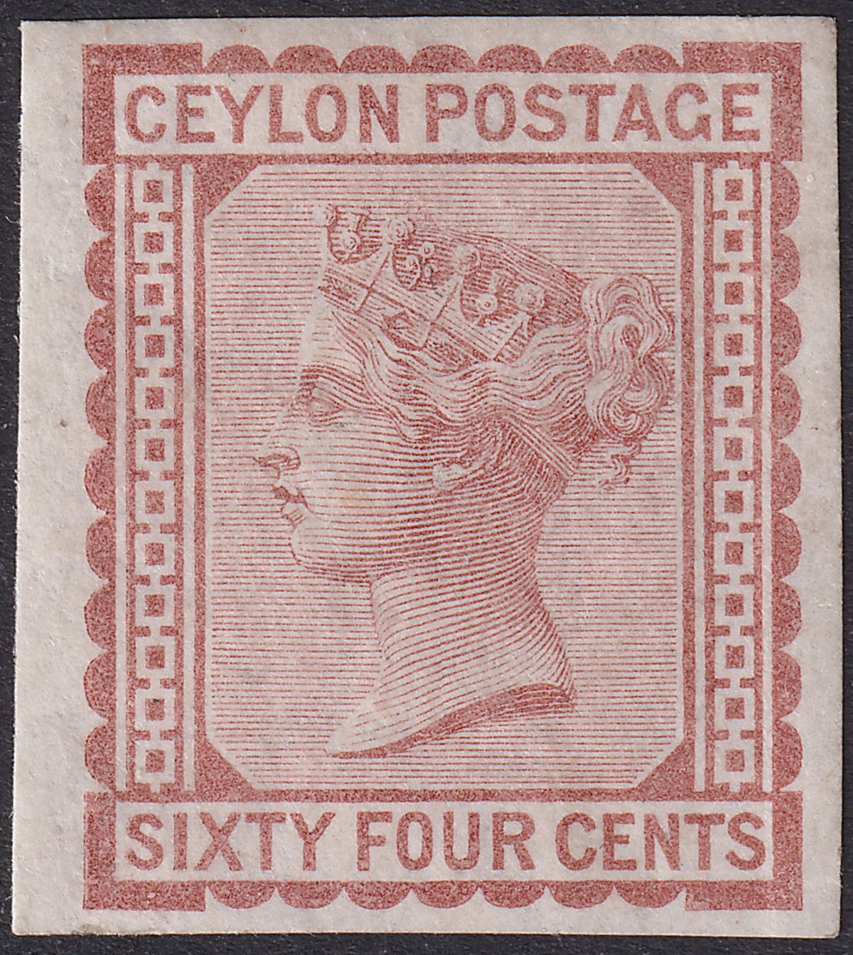 Ceylon 1874 QV 64c Red-Brown Imperforate Plate Proof Mint SG131P Imprimatur