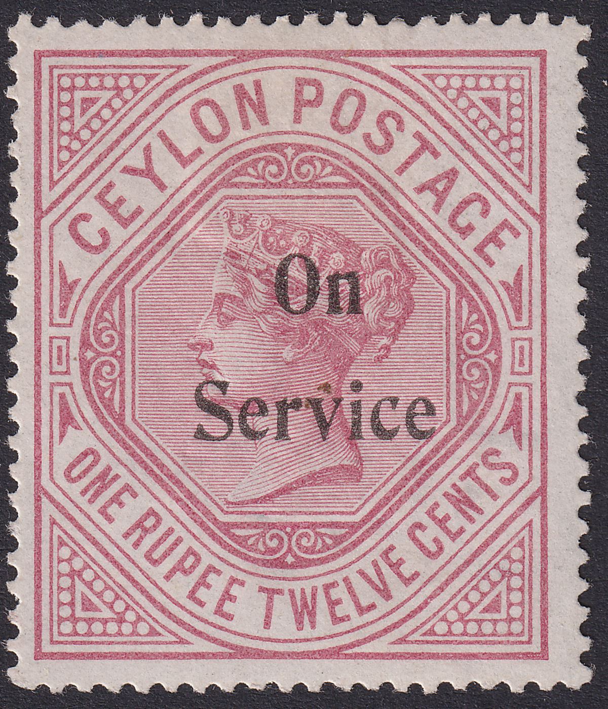 Ceylon 1895 QV SERVICE Opt Double One Albino 1r12 Dull Rose Mint SG O17a cat£325