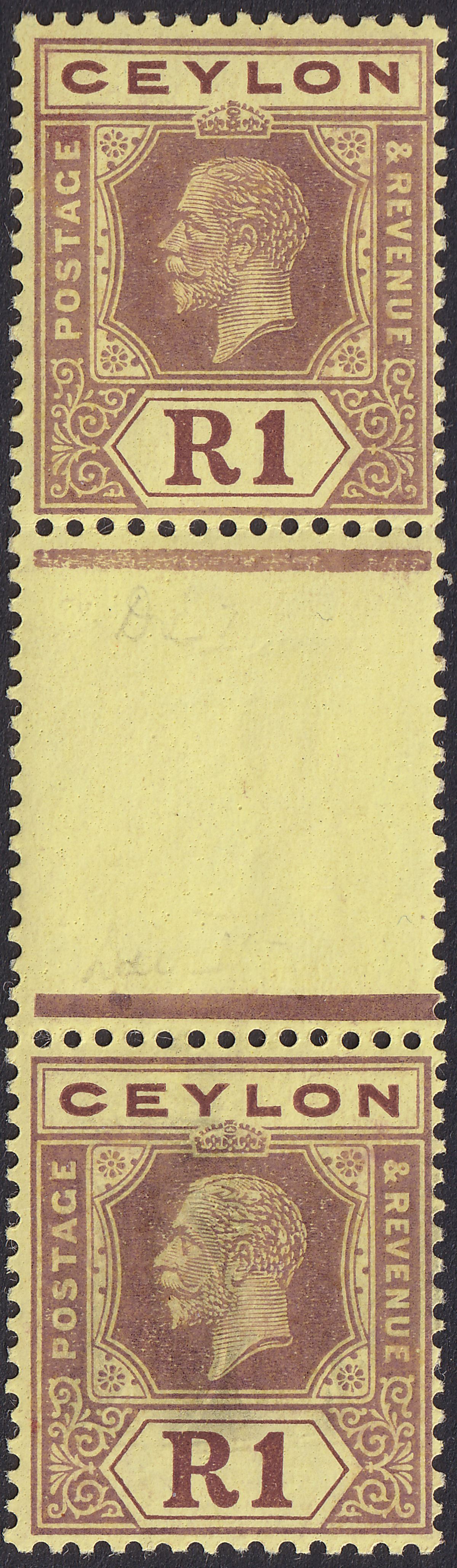 Ceylon 1925 KGV 1r Purple on Yellow Die I + Die II Gutter Pair Mint SG354b c£400