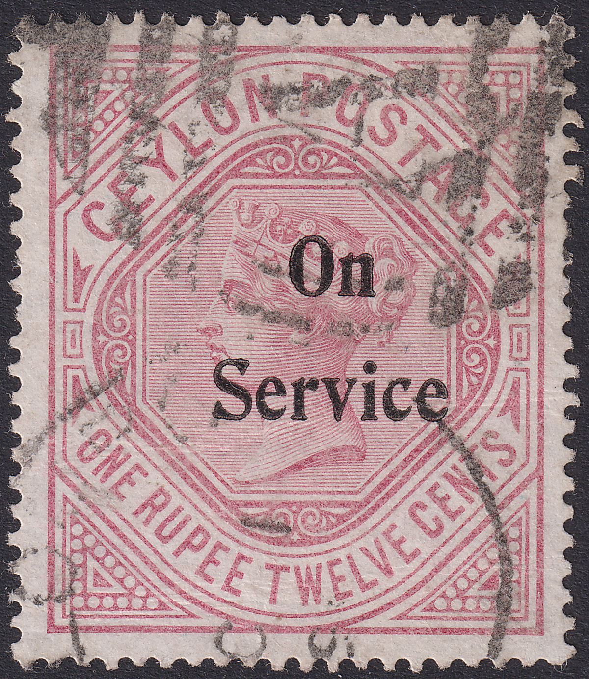 Ceylon 1895 QV SERVICE Opt 1r12 Dull Rose wmk Sideways Used SG O17 cat £75
