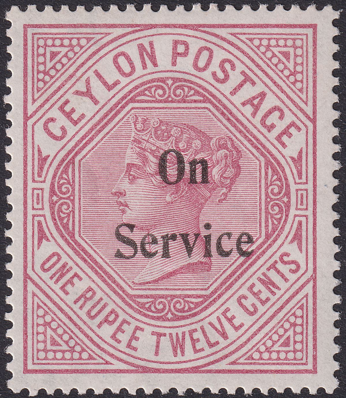 Ceylon 1895 QV SERVICE Opt 1r12 Dull Rose wmk Sideways Mint SG O17 cat £120