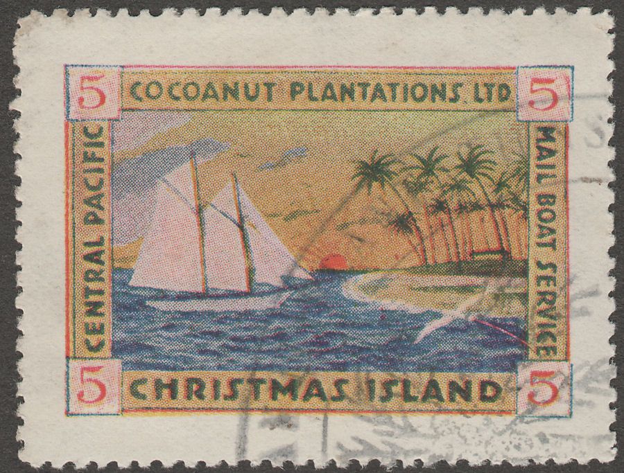 Christmas island 1917? 5c Coconut Plantation Mail Boat Service Label Used