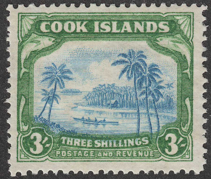 Cook Islands 1938 Canoe 3sh Greenish Blue and Green wmk Single Mint SG129