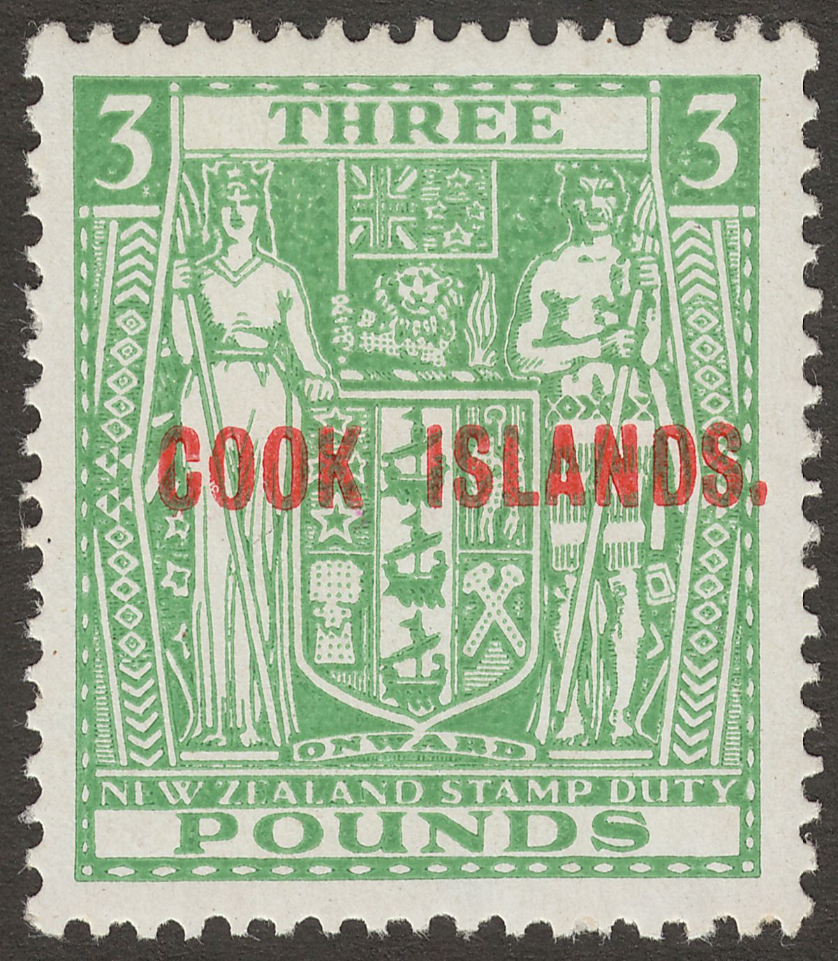 Cook Islands 1940 Postal Fiscal £3 Green wmk Single Wiggins Teape Mint SG123b