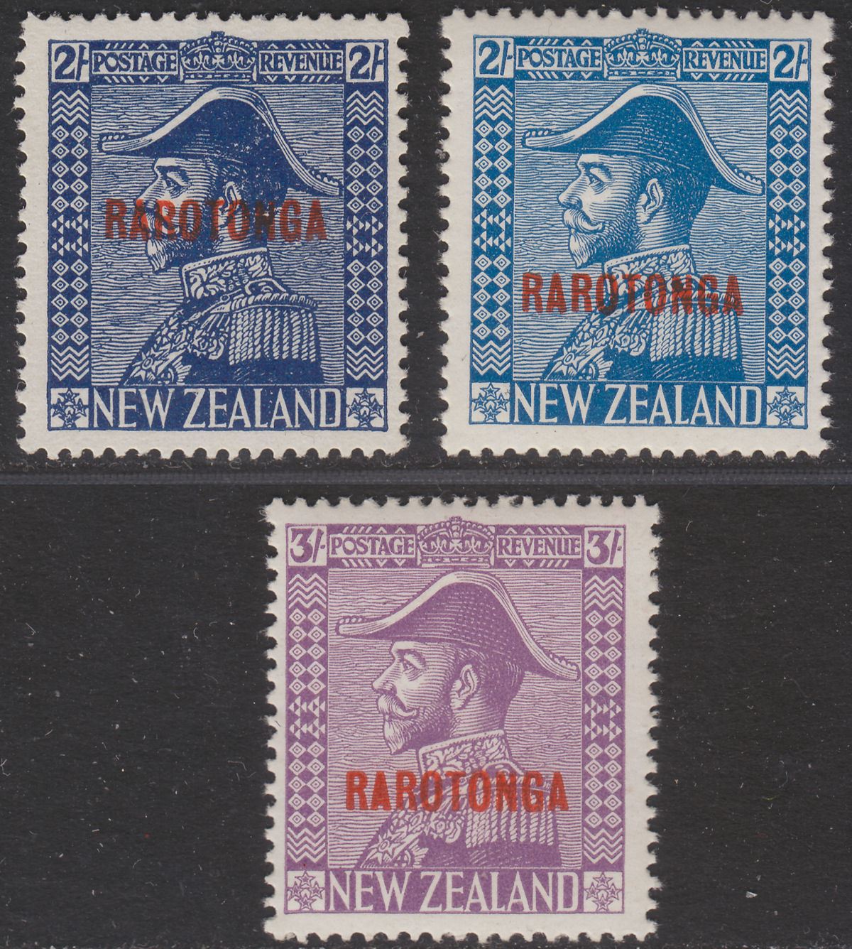 Cook Islands 1926 KGV Rarotonga Opt 2sh Shades, 3sh Mint SG90-92 cat £42
