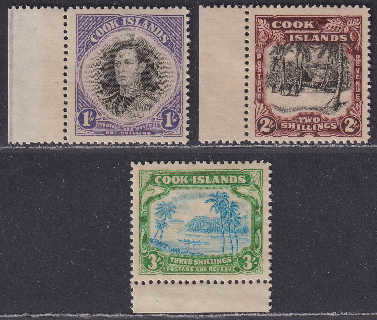 Cook Islands 1938 King George VI 1sh, 2sh, 3sh Mint SG127-129 cat £85