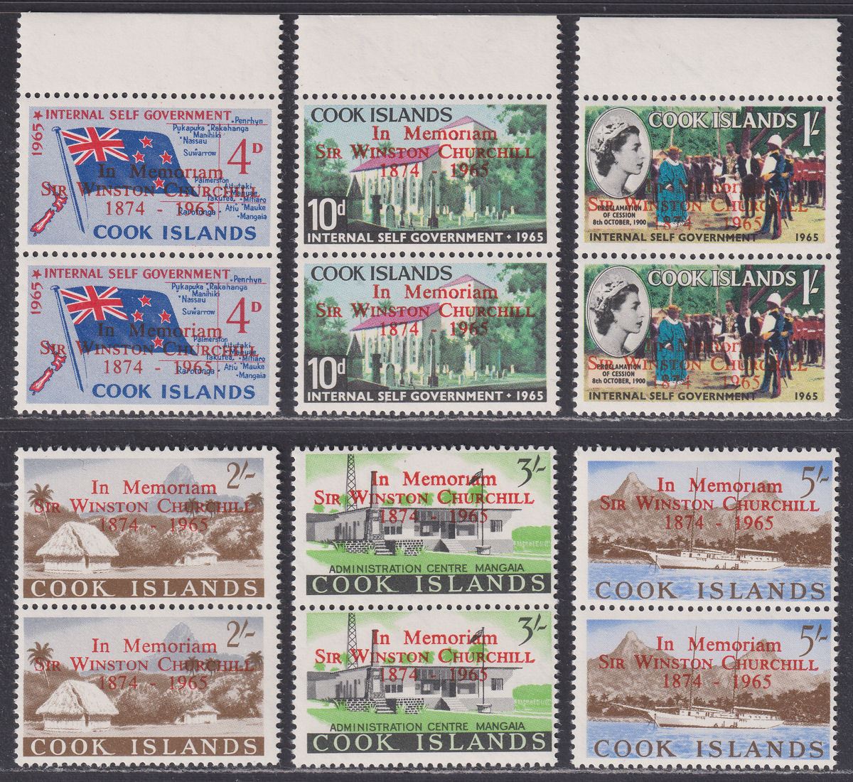 Cook Islands 1966 QEII Churchill Opt Pairs Missing Dot in i Set Mint SG179-184