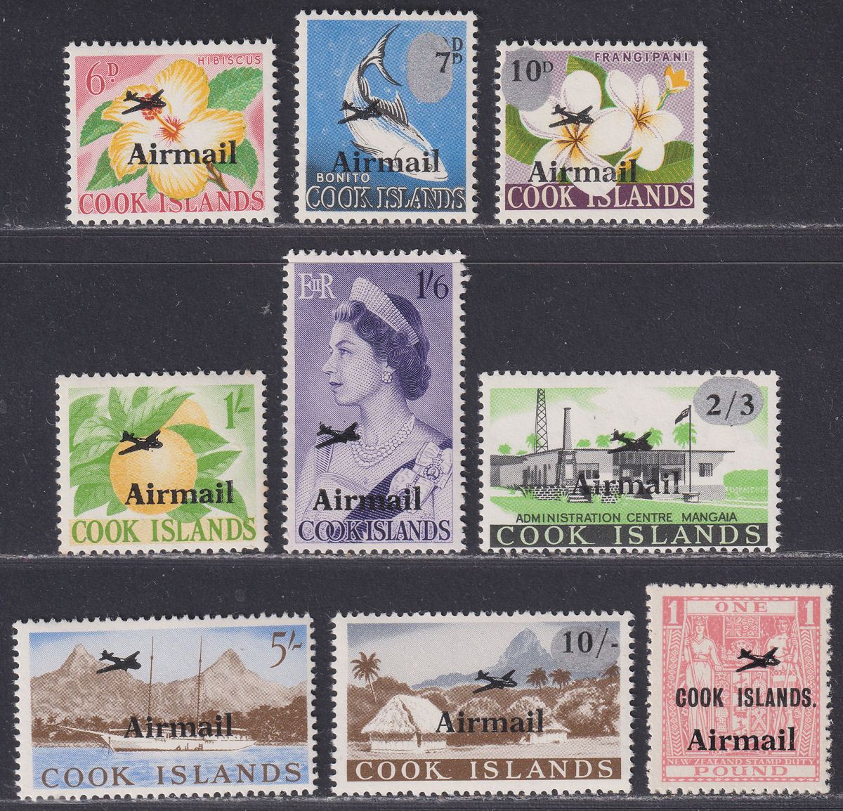 Cook Islands 1966 QEII Airmail Overprint Small Aeroplane Variety Set Mint