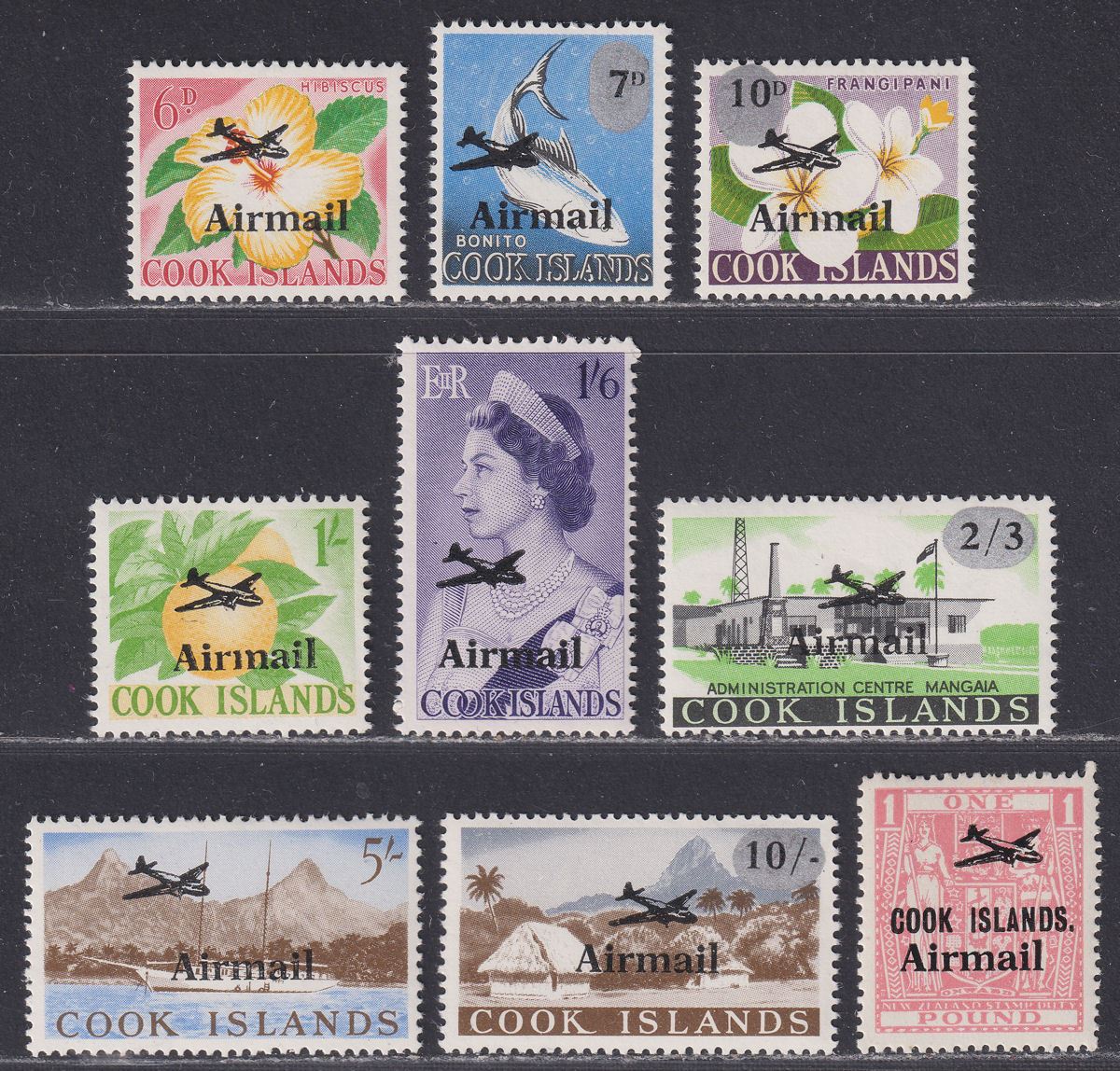 Cook Islands 1966 QEII Airmail Overprint Large Aeroplane Variety Set Mint