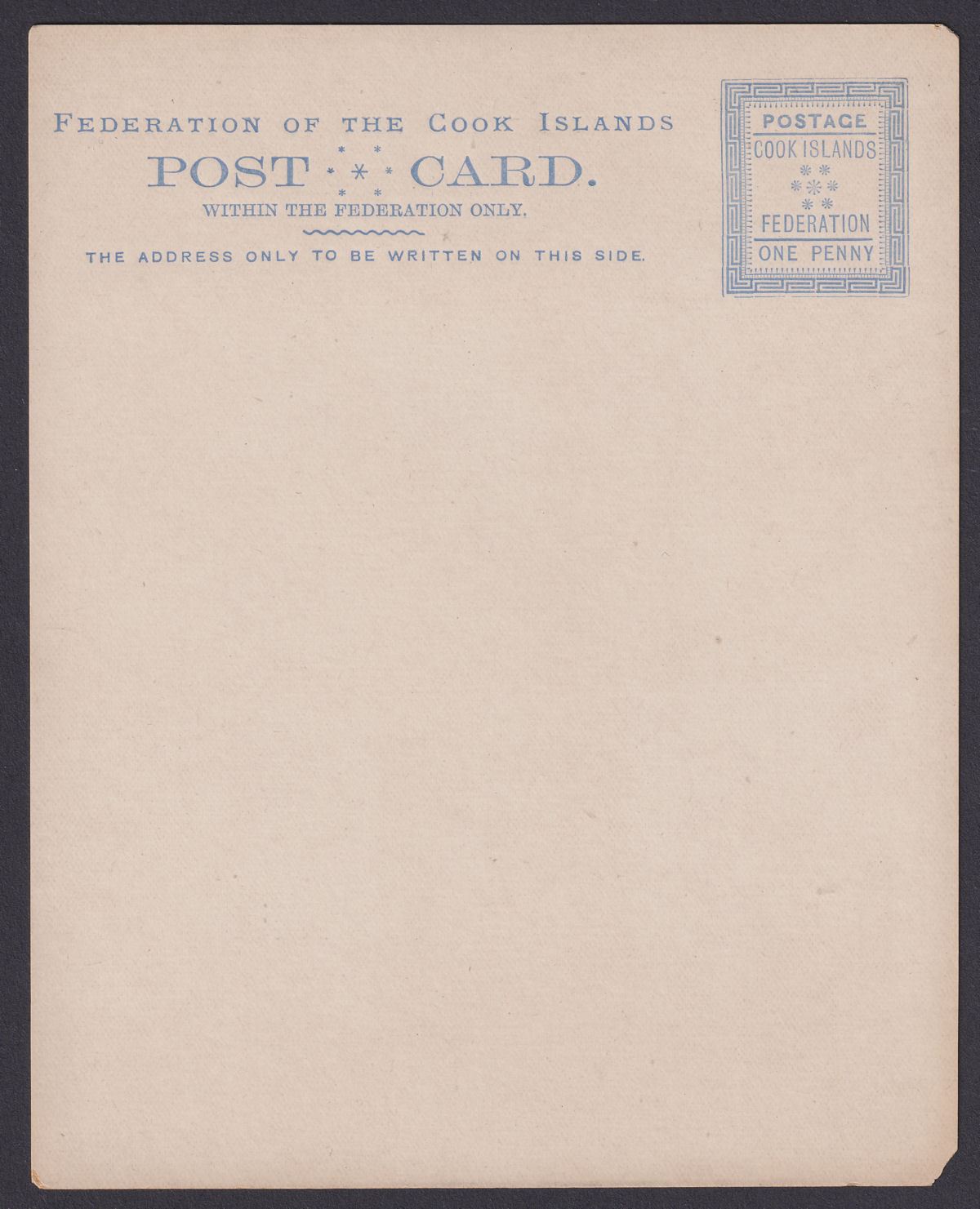 Cook Islands 1892 QV 1d Blue Tall Postal Stationery Postcard Unused