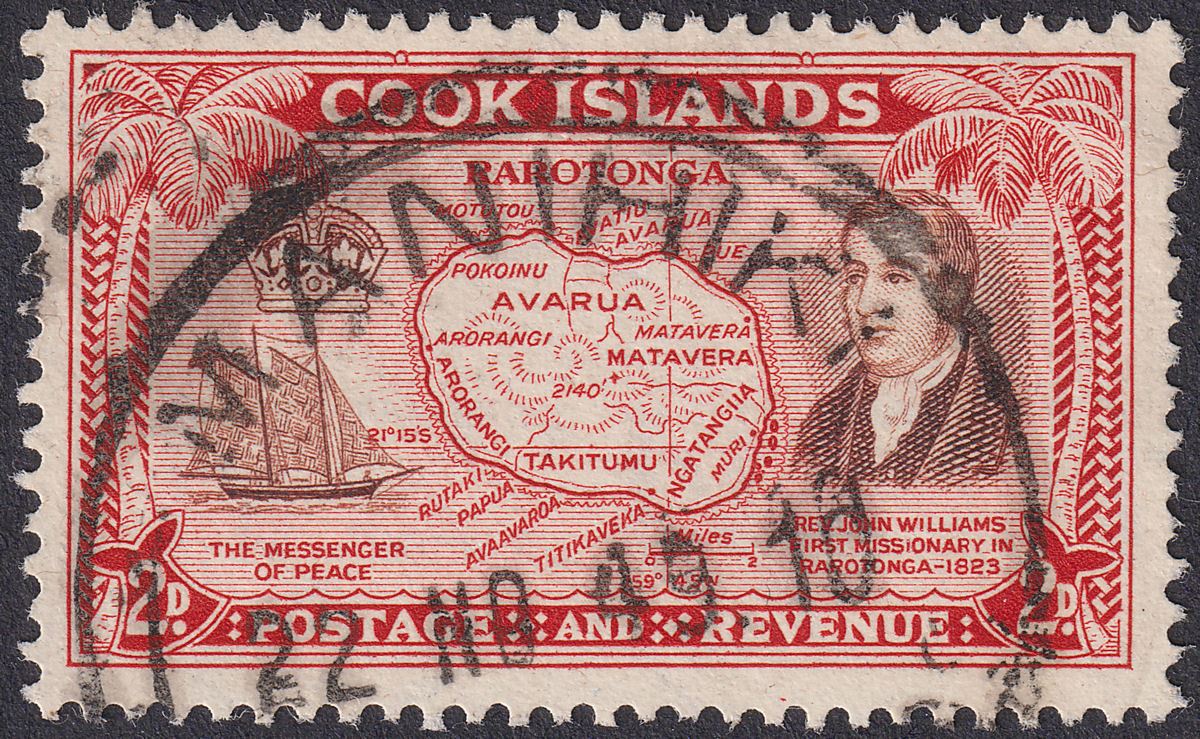 Cook Islands 1949 KGVI 2d Reddish Brown and Scarlet Used with MANIHIKI Postmark