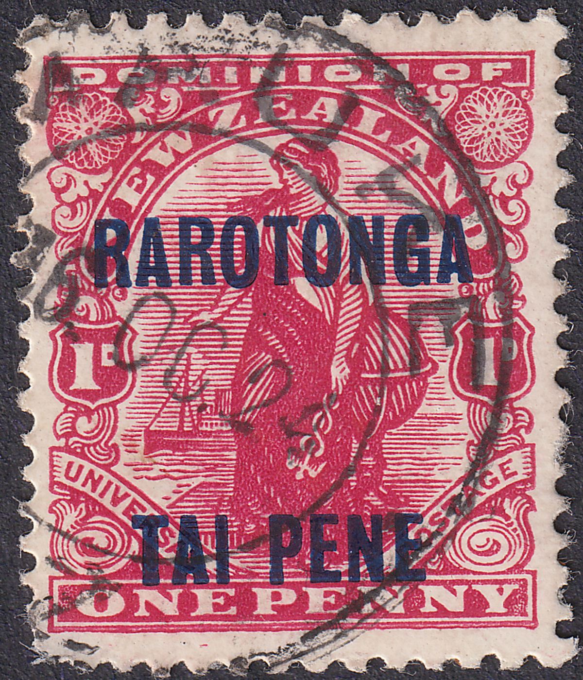 Cook Islands 1924 KGV Rarotonga Surcharge 1d Carmine Used with MAUKE Postmark