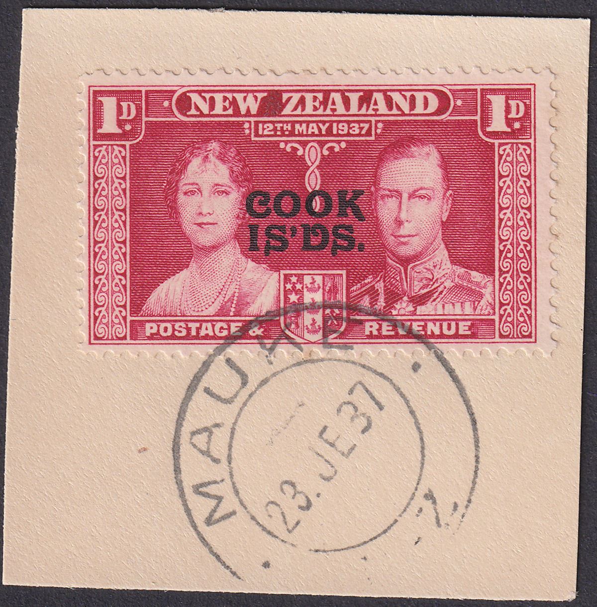 Cook Islands 1937 KGVI Coronation 1d Carmine Used with MAUKE Postmark