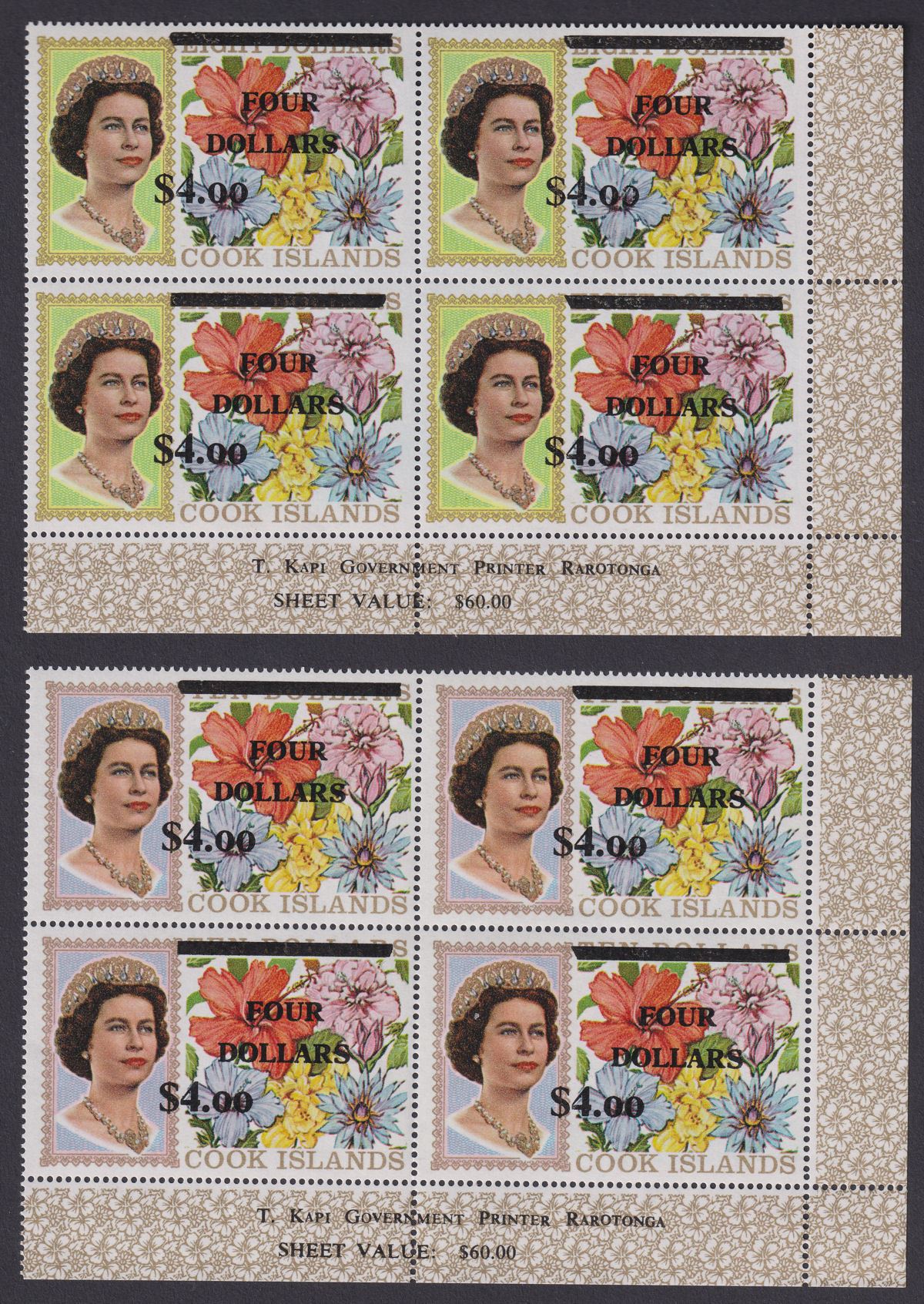 Cook Islands 1970 QEII Flowers $4 on $8 + $10 Surch Blocks Mint SG335-336 c£240