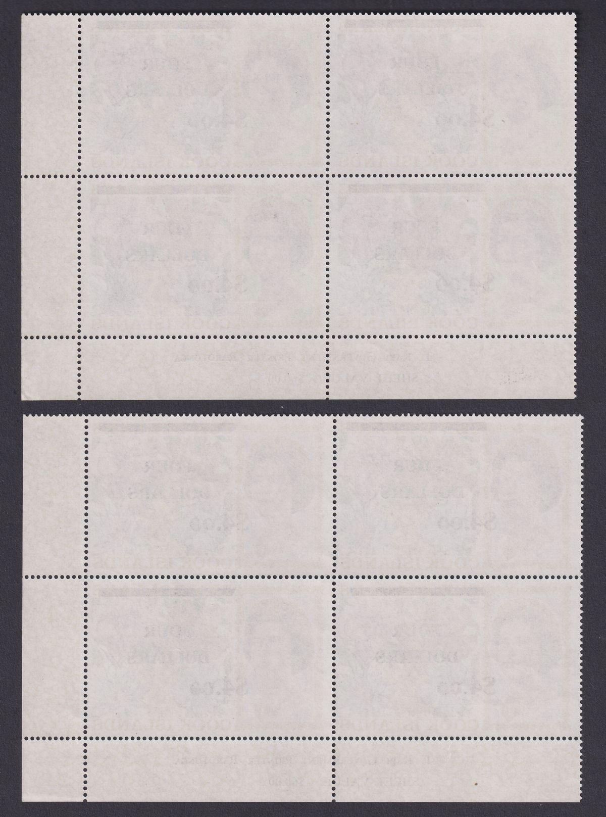 Cook Islands 1970 QEII Flowers $4 on $8 + $10 Surch Blocks Mint SG335-336 c£240