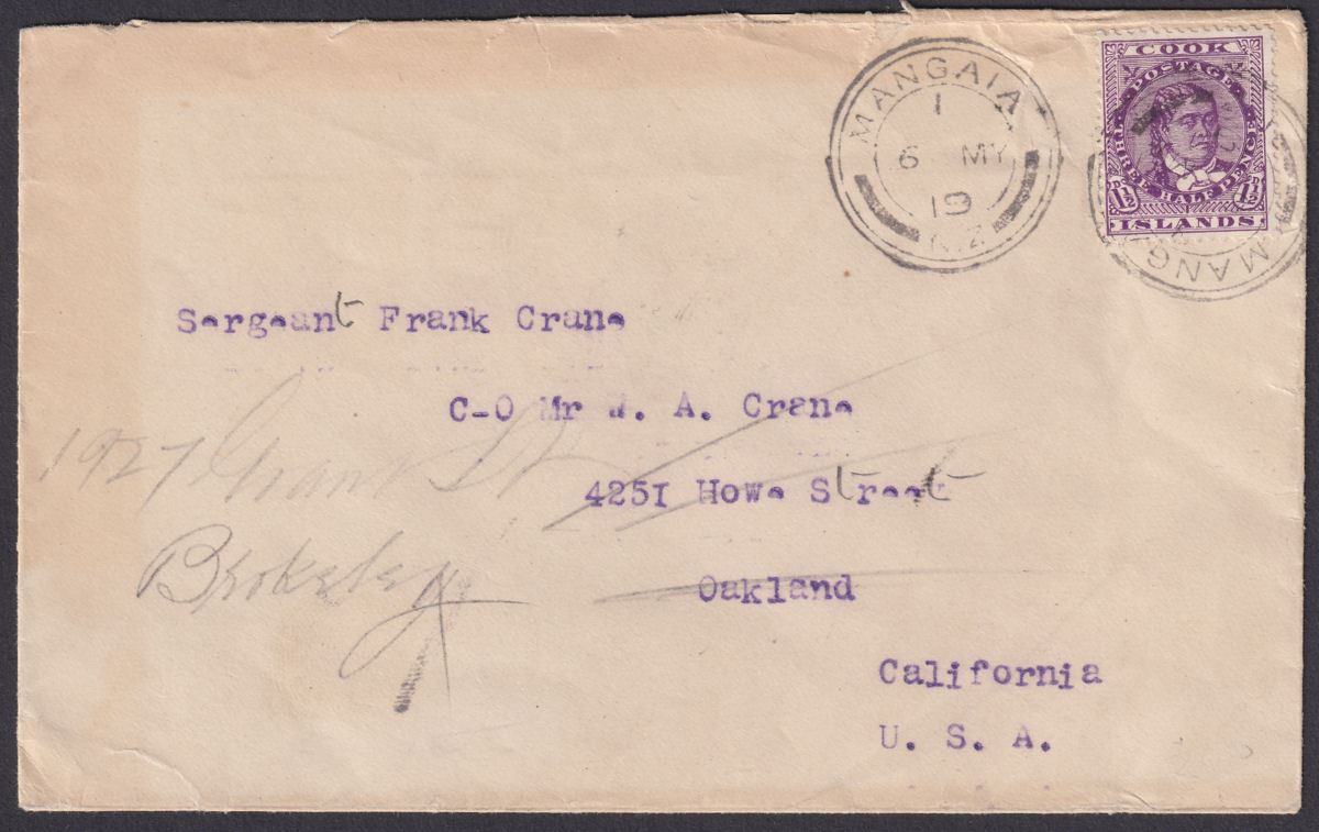 Cook Islands 1919 KGV 1½d Used on Cover with MANGAIA Postmark