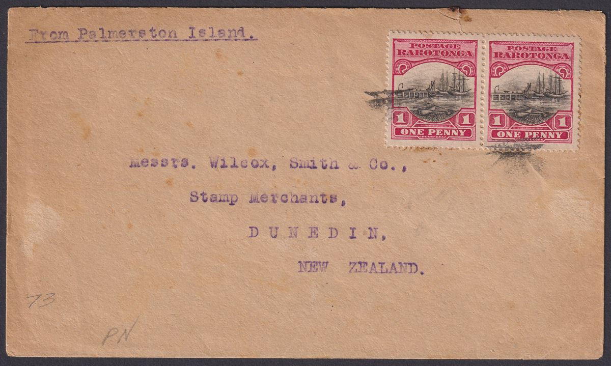 Cook Islands c1920s KGV Rarotonga 1d Pair Used on Palmerston Island Cover to NZ