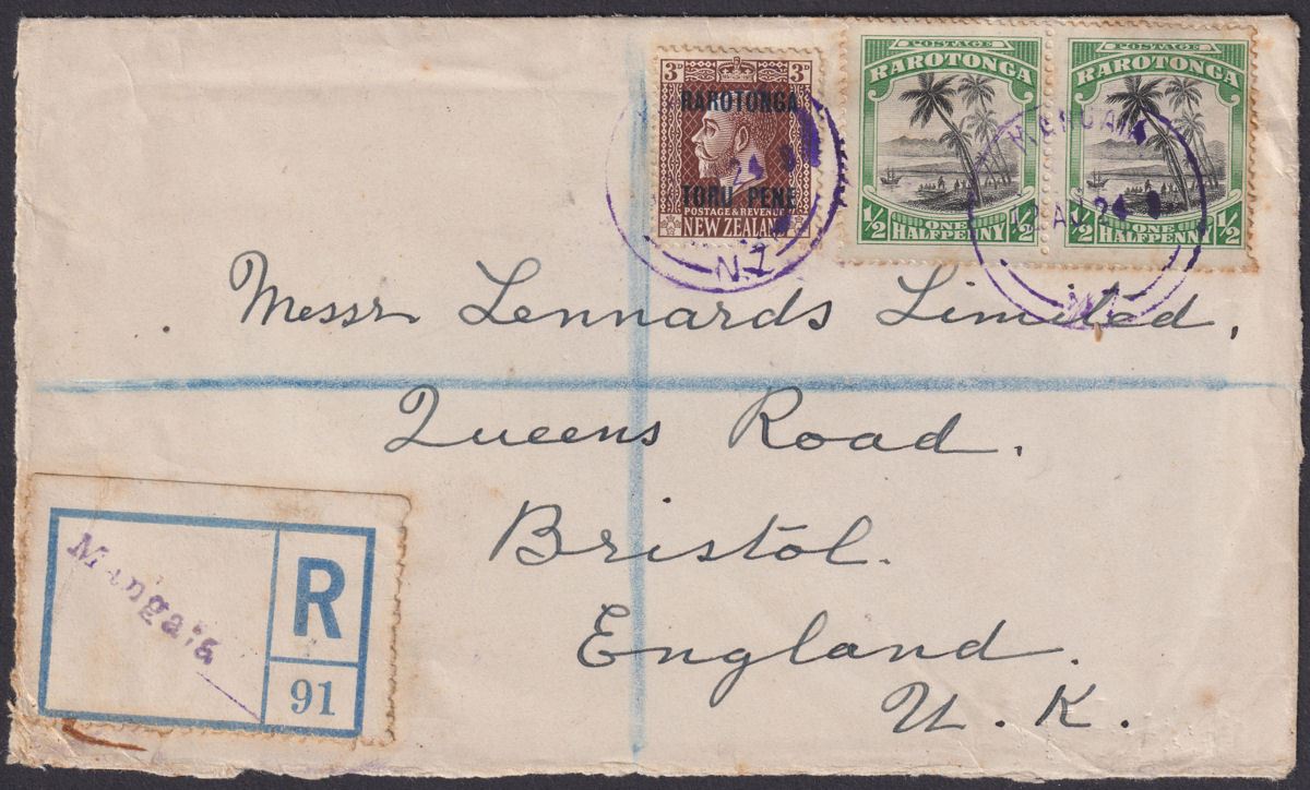 Cook Islands 1924 KGV 3d, ½d x 2 Used Registered Cover to UK w MANGAIA Postmark