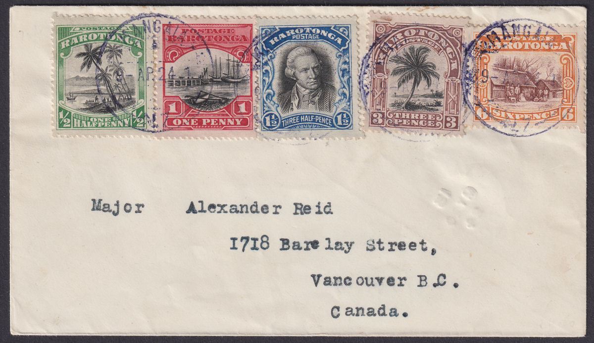 Cook Islands 1924 KGV Set to 6d Used on Cover to Canada w Blue MANGAIA Postmarks