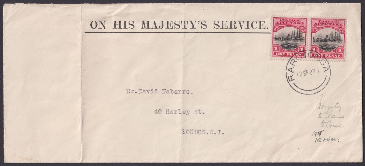 Aitutaki 1927 KGV 1d Pair w Double Derrick Variety Used on Official Cover to UK