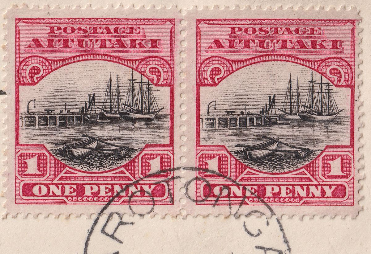 Aitutaki 1927 KGV 1d Pair w Double Derrick Variety Used on Official Cover to UK